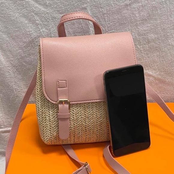 Boho Vegan Leather Straw Mini Backpack - Picture 3 of 9